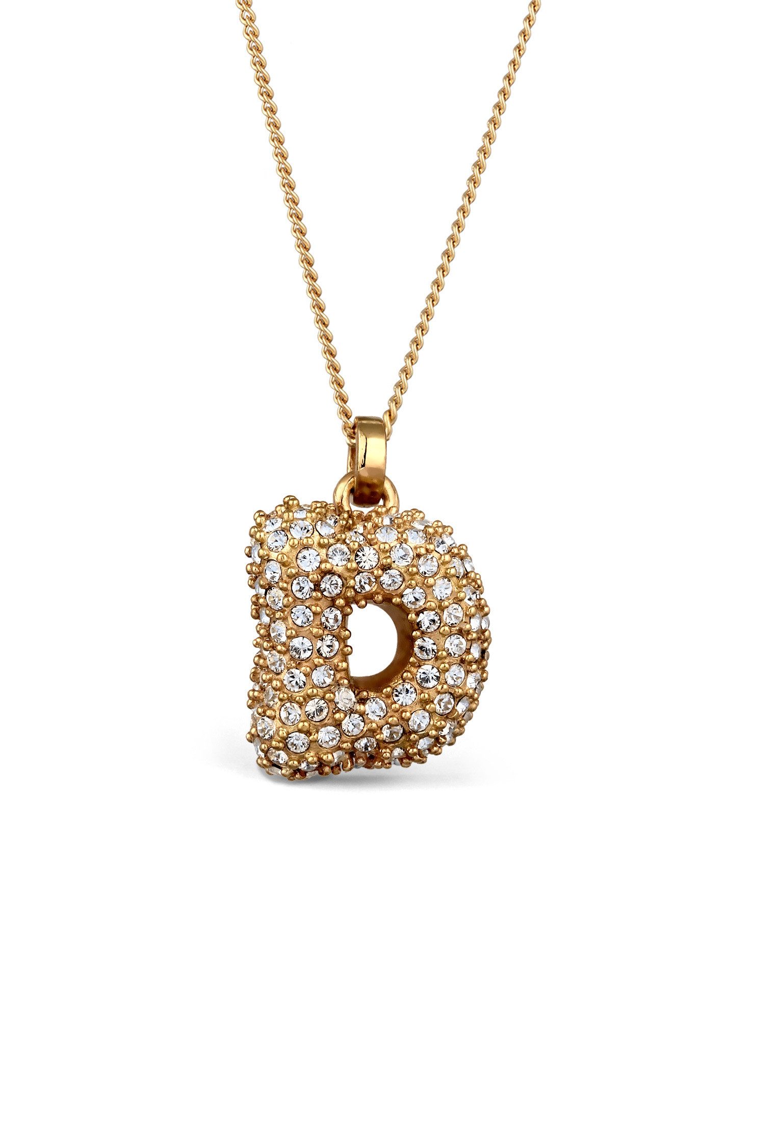 Kette mit Anhänger Buchstabe D Kristalle Weiß 925 Sterling Silber vergoldet
