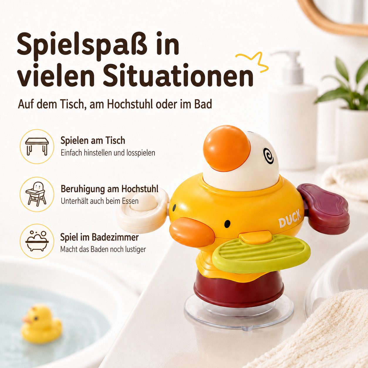 Luckice Beißring-Rassel Baby Drehspielzeug mit Saugnapf für Esstisch & Hochstuhl, Entchen Silikon-Beißring – zur Förderung der Hand-Auge-Koordination
