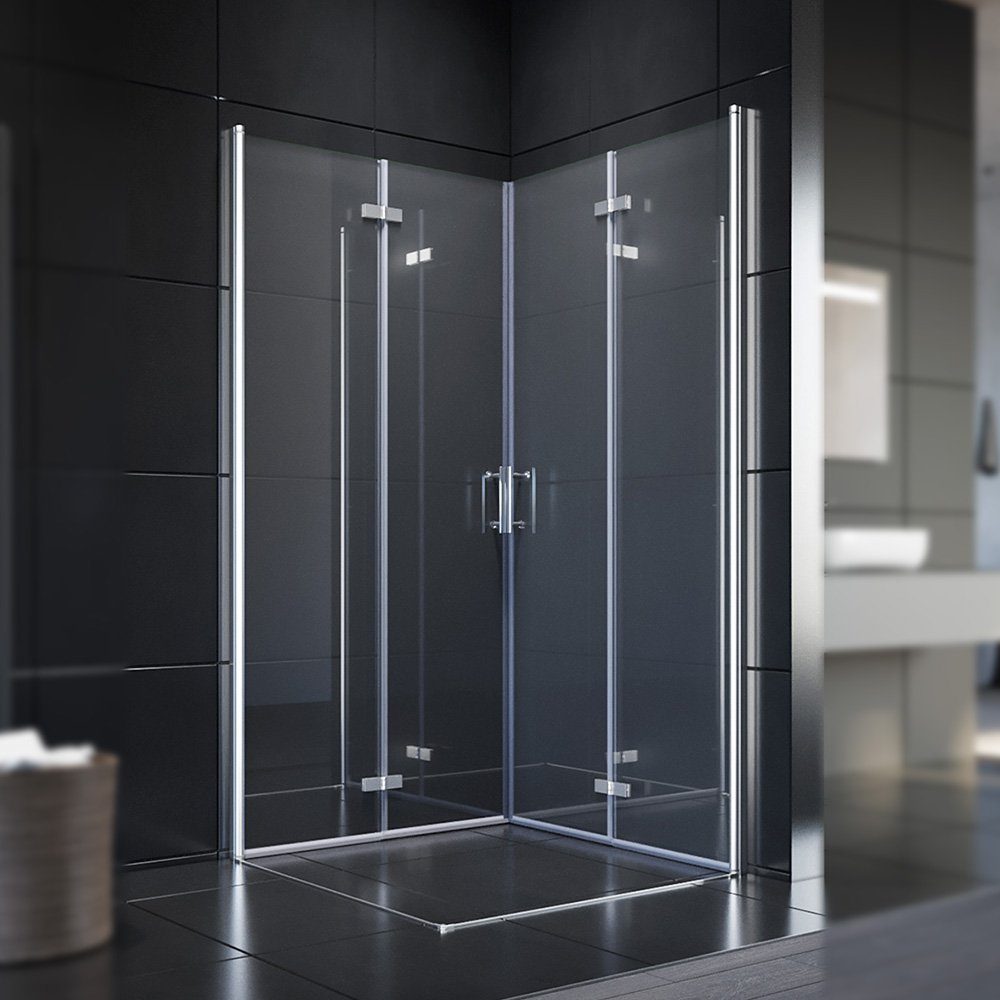 SONNI Eckdusche Duschkabine Eckeinstieg Bad Eckdusche Pendeltür Falttür 195cm, BxT: 80x80 cm, Nano Glas Drehfalttür 180º, H:195cm mit Nano Beschichtung