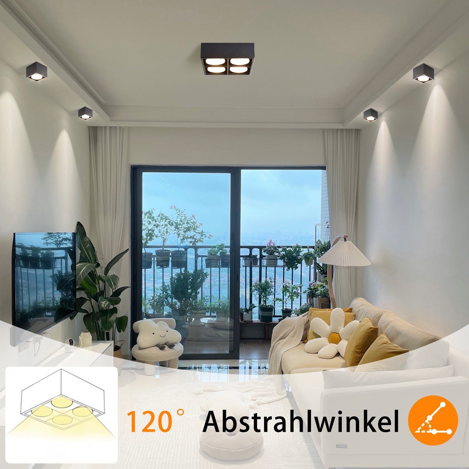 Flammig Wohnzimmer Büro Deckenleuchte mit LED Schwarz fest Aufputz 3000k, ZMH 20W Flur, integriert, LED Aufbaustrahler, Esszimmer für Schwenkbar Küche Deckenstrahler 4