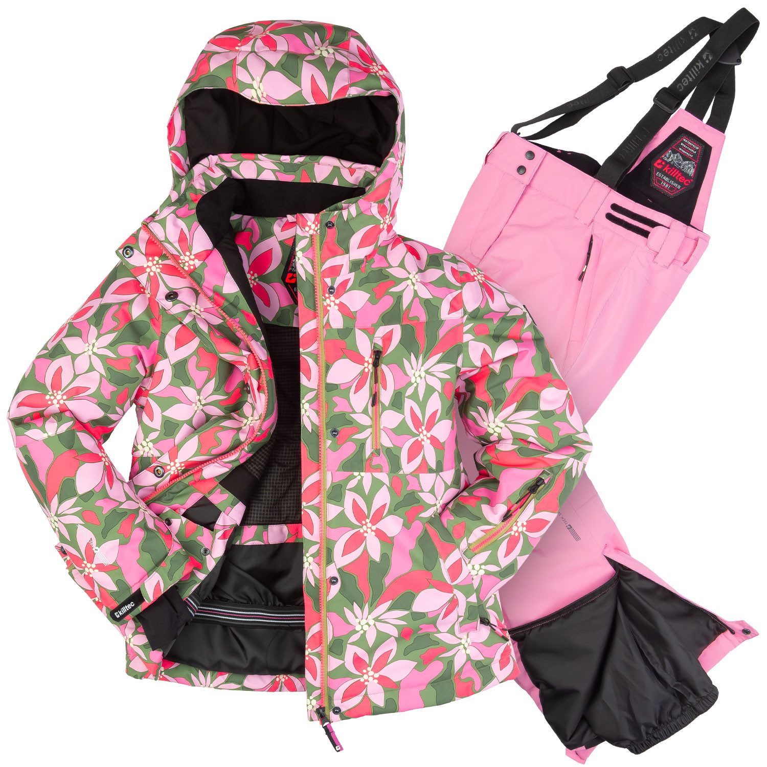 Killtec Skianzug Mädchen Skijacke mit Blumenmuster + Skihose rosa, wasserdicht verschweißte Nähte - atmungsaktiver Stoff