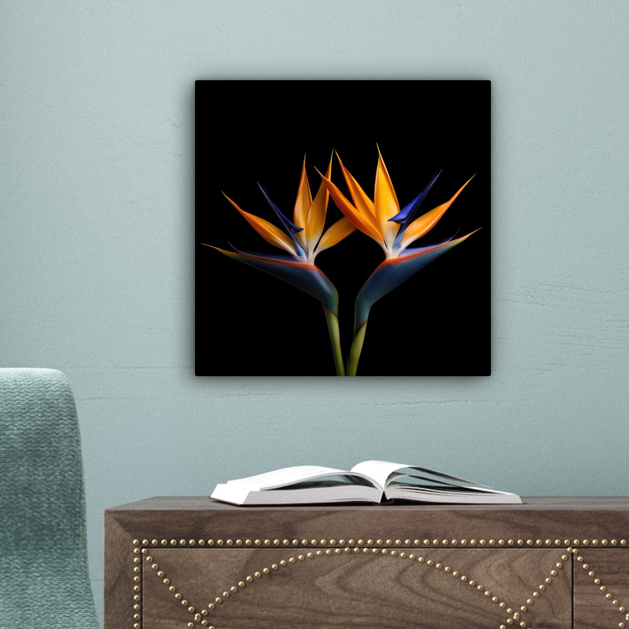 Blumen Paradiesvogelblume 20x20 Wohnzimmer - Porträt Bilder Leinwand - - St), OneMillionCanvasses® für Schlafzimmer, Schwarz, Pflanzen Leinwandbild (1 - cm
