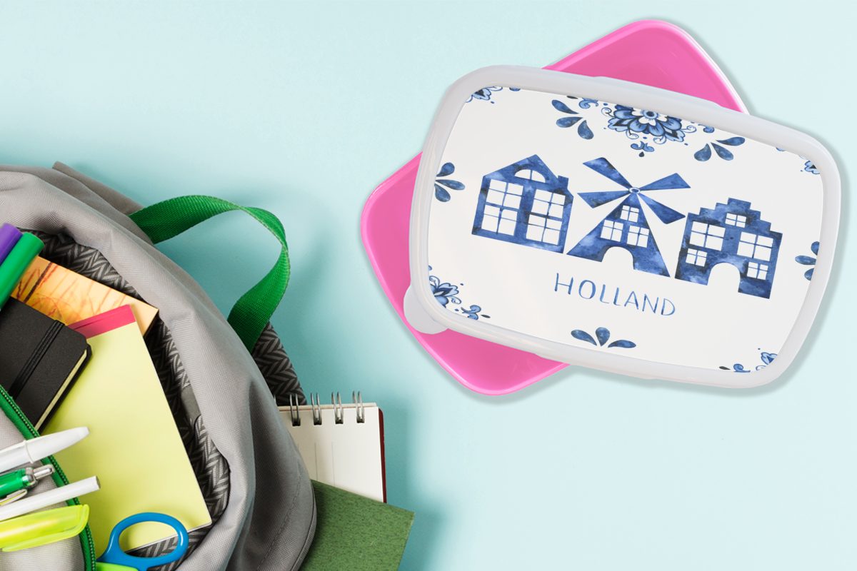 MuchoWow Lunchbox Delfter Blau - Brotdose Windmühle Snackbox, für - Haus, Erwachsene, Mädchen, Kunststoff Kinder, (2-tlg), Brotbox rosa Kunststoff