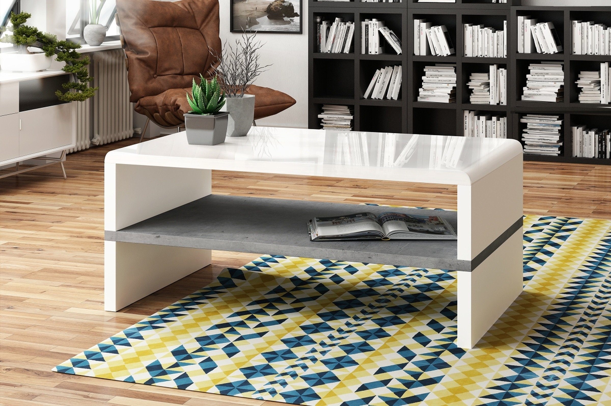 Mazzoni Couchtisch Design Rock Tisch Weiß Hochglanz / Beton Wohnzimmertisch günstig online kaufen