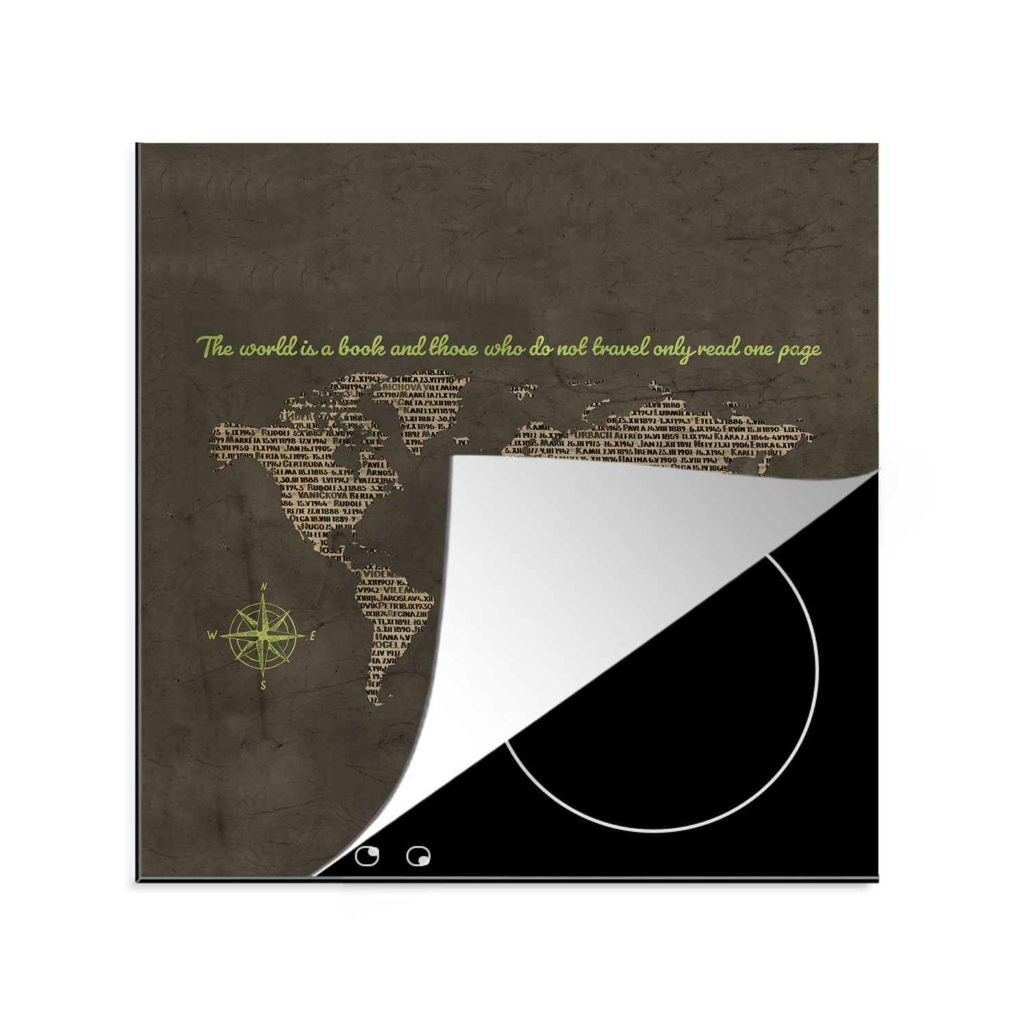 MuchoWow Herdblende-/Abdeckplatte Weltkarte - Zeitung - Grün, Vinyl, (1 tlg), 78x78 cm, Ceranfeldabdeckung, Arbeitsplatte für küche