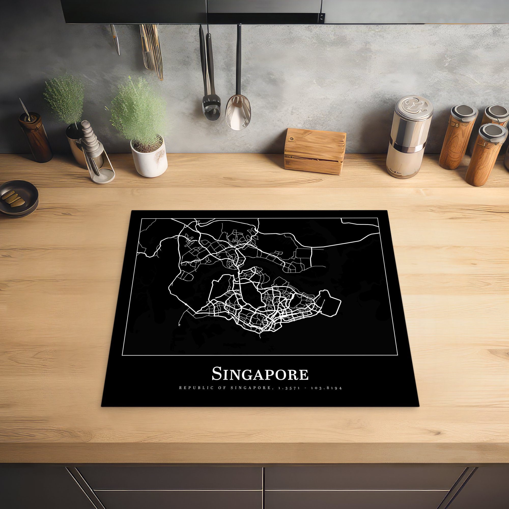 MuchoWow Herdblende-/Abdeckplatte Singapur 57x51 (1 cm, Induktionsschutz, Ceranfeldabdeckung - Karte Stadtplan, tlg), Vinyl, - Induktionskochfeld