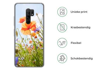 MuchoWow Handyhülle Blumen - Mohn - Frühling - Natur - Rot - Blau, Phone Case, Handyhülle Xiaomi Redmi 9, Silikon, Schutzhülle