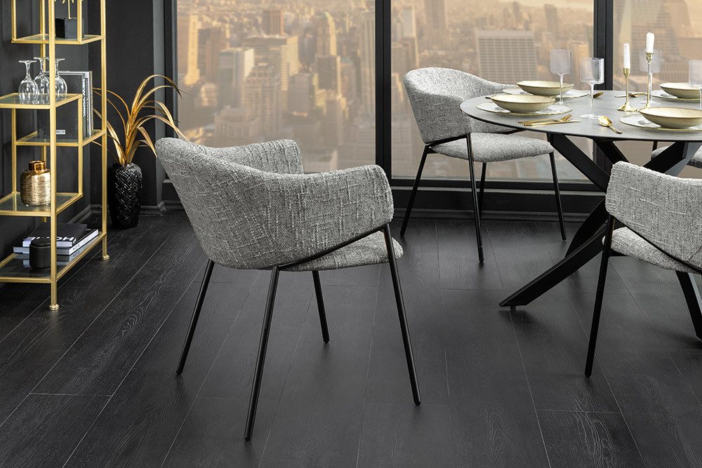 riess-ambiente Esszimmerstuhl NOBLESSE grau / schwarz - Chenille, Metallgestell, Retro, Armlehnen (Einzelartikel, 1 St), halbrunder Stuhl - ideal für Küche, Ess-, Arbeits-. Wohnzimmer & Büro