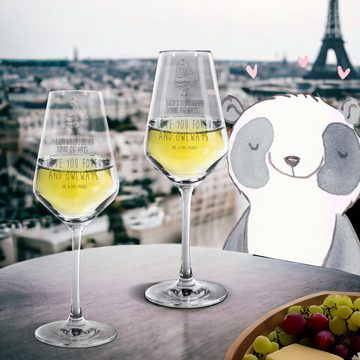 Mr. & Mrs. Panda Weißweinglas Eule Zufrieden - Transparent - Geschenk, müde, Romantisch, Owl, Spruc, Premium Glas, Alltagstauglich & robust