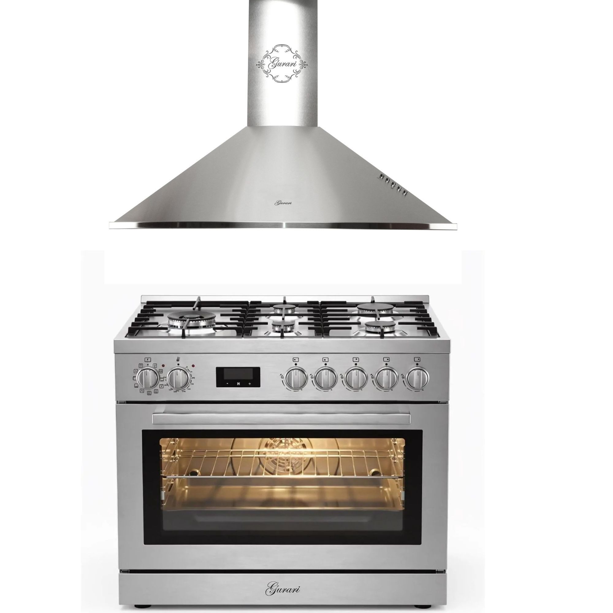 GURARI Gas-Standherd Edelstahl Gas Elektro Standherd 90 cm 126 L Erdgas Fl.Gas 4 Kw WOK,Selbstreinigung+Dunstabzugshaube 90 cm Edelstahl, 1000m³/h,Abzugshaube GCH E 818 X+GCH С 046 IS 9 N, mit 1-fach-Teleskopauszug
