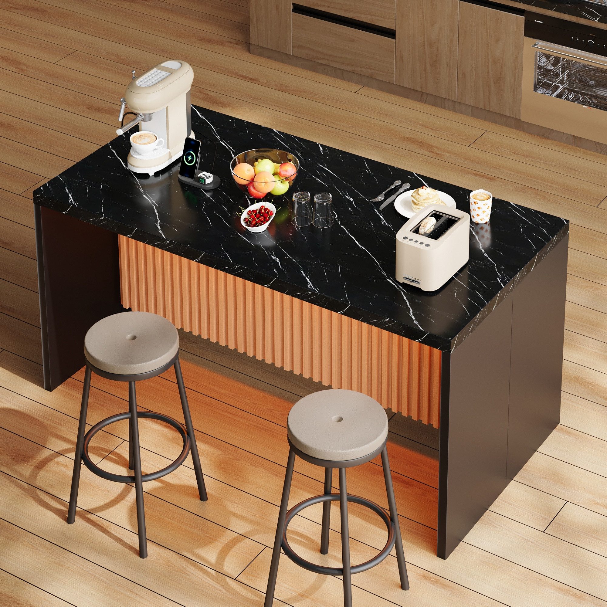 Flieks Kücheninsel Küchenschrank mit Arbeitsplatte, LED-Beleuchtung, Steckdosen, (155x80x90 cm), multifunktional Mehrzweckschrank mit Ladenfunktion schwarz Marmoroptik
