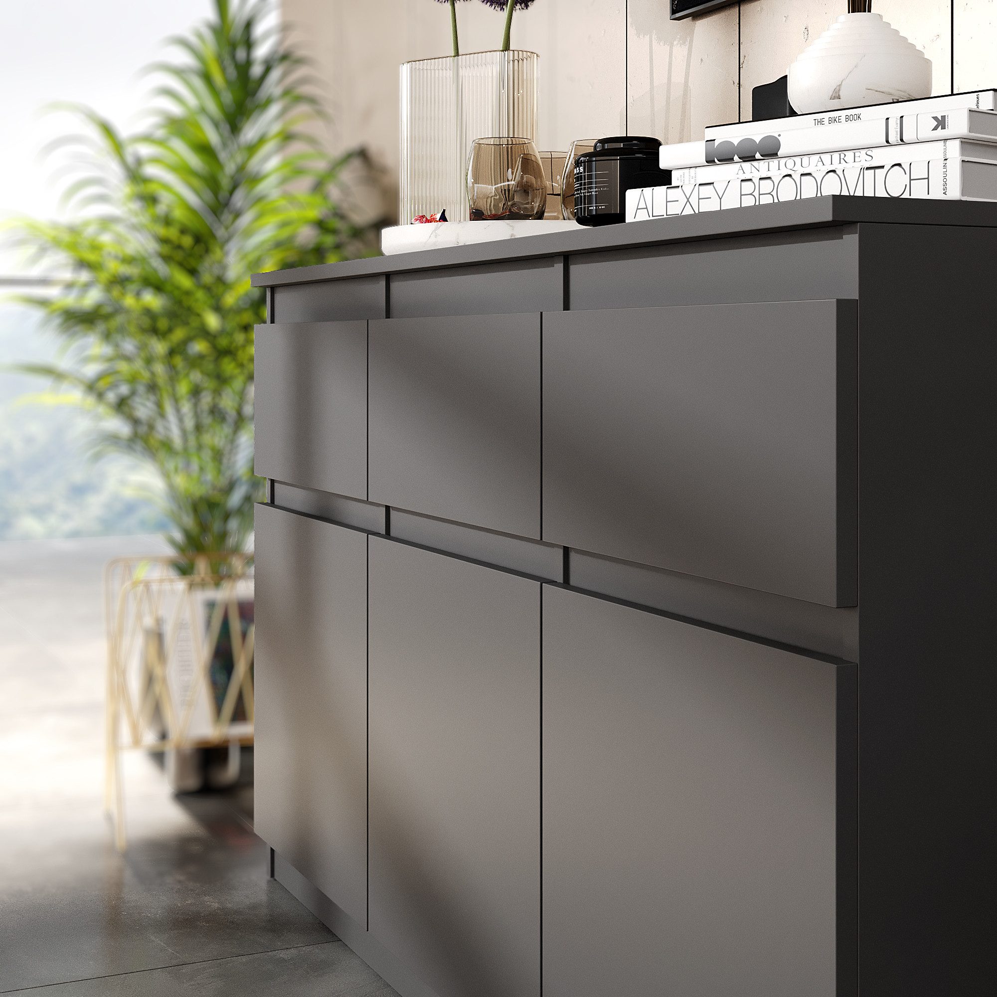 Furnica Kommode Anthrazit 120 cm mit 3 Schubladen und 3 Türen- Wohn-und Schalfzimmer – Bild 4 von 5