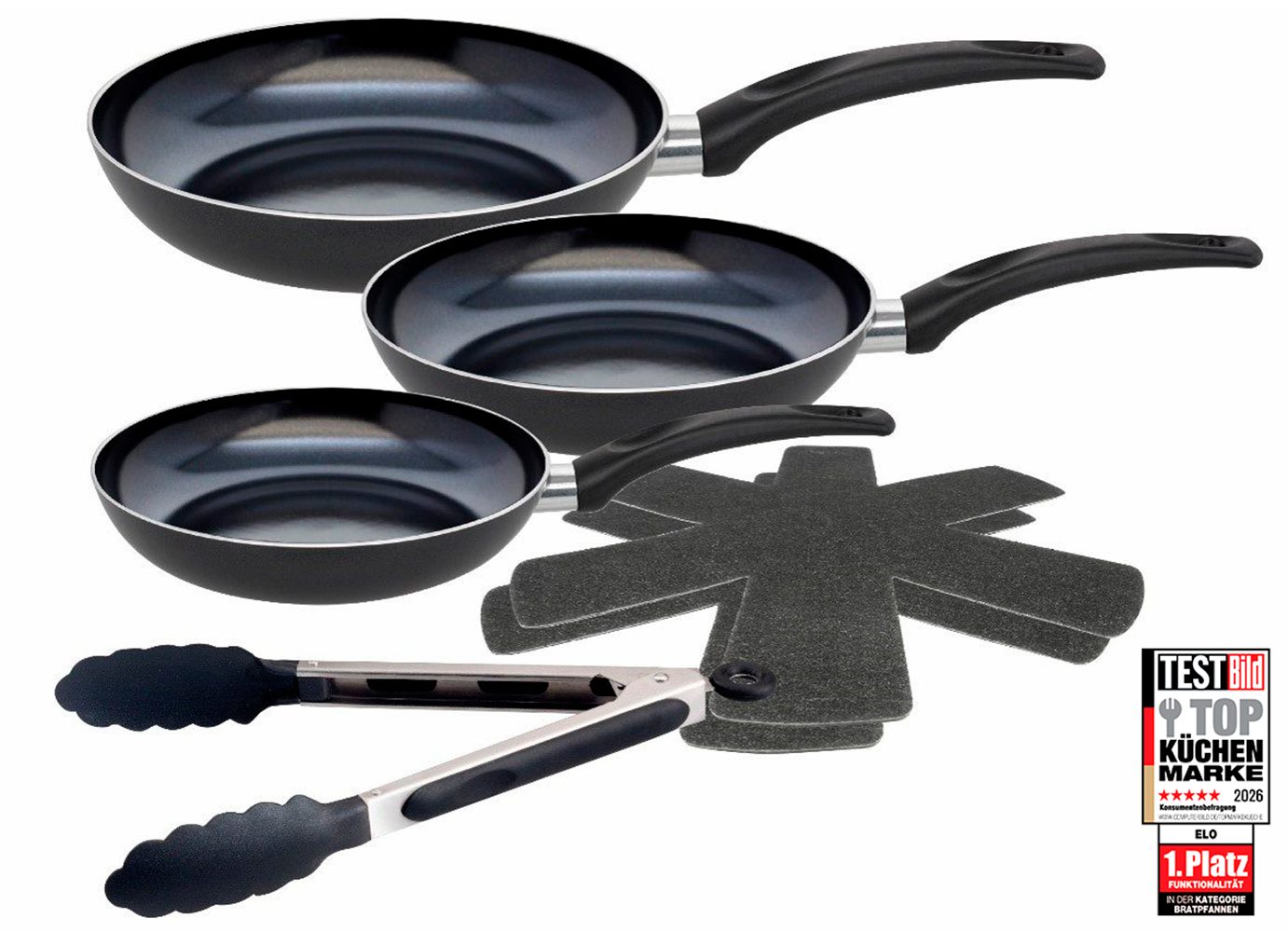 Elo - Meine Küche Pfannen-Set Prima Cucina 6 teilig, Aluminium (Set, 6-tlg., 1x Bratpfanne Ø 20/24/28 cm, 1x Grillzange, 2x Stapelschutz), Induktion