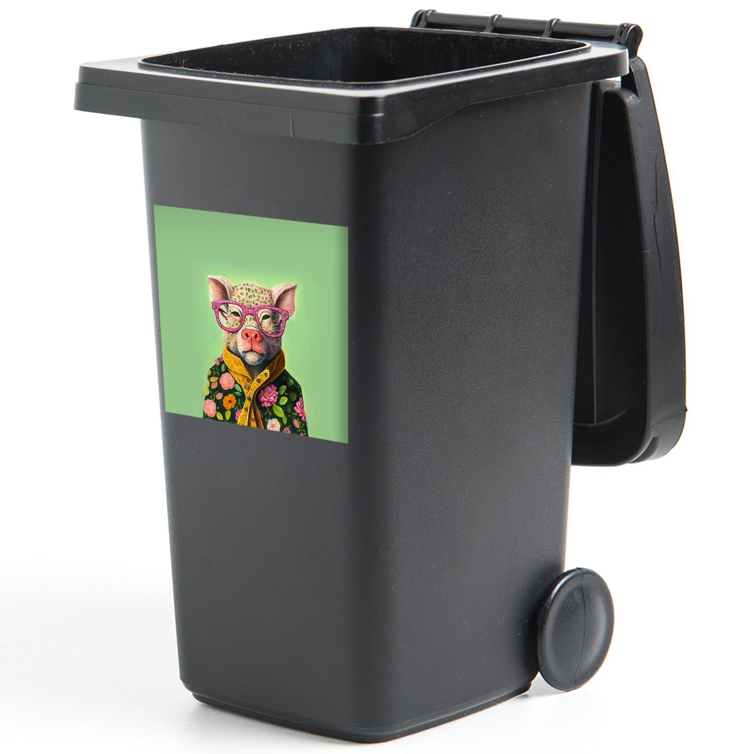 Mülltonne, Tier - Mülleimer-aufkleber, Blumen Brille - Abfalbehälter Rosa - Sticker, MuchoWow Wandsticker St), - Container, Schwein (1