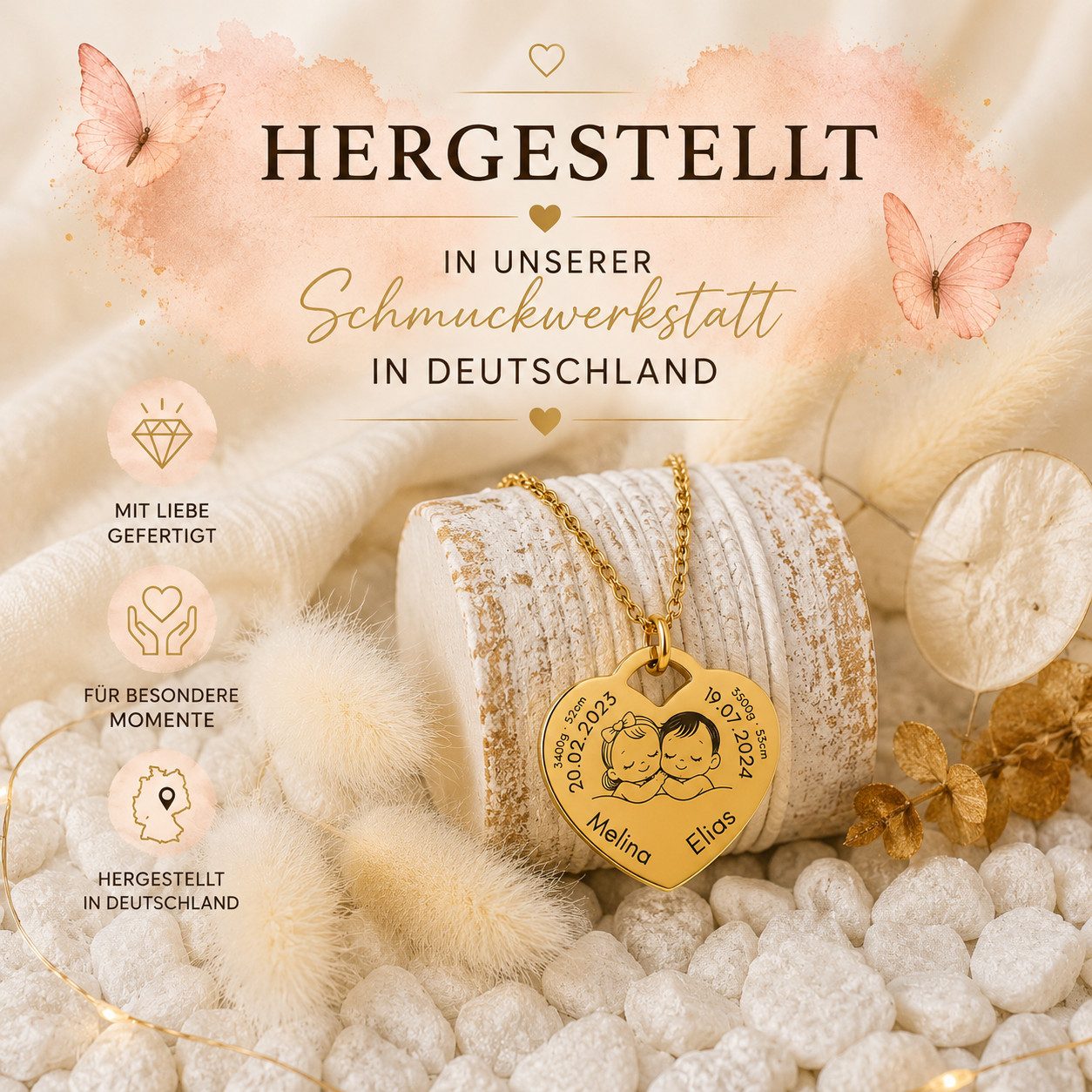 BS Schmuckdesign Kette mit Anhänger mit Gravur Personalisierte Halskette Geburtskette Herzkette Mutter-Kind (inkl. Gravur), personalisierbar inkl. Geschenkbox