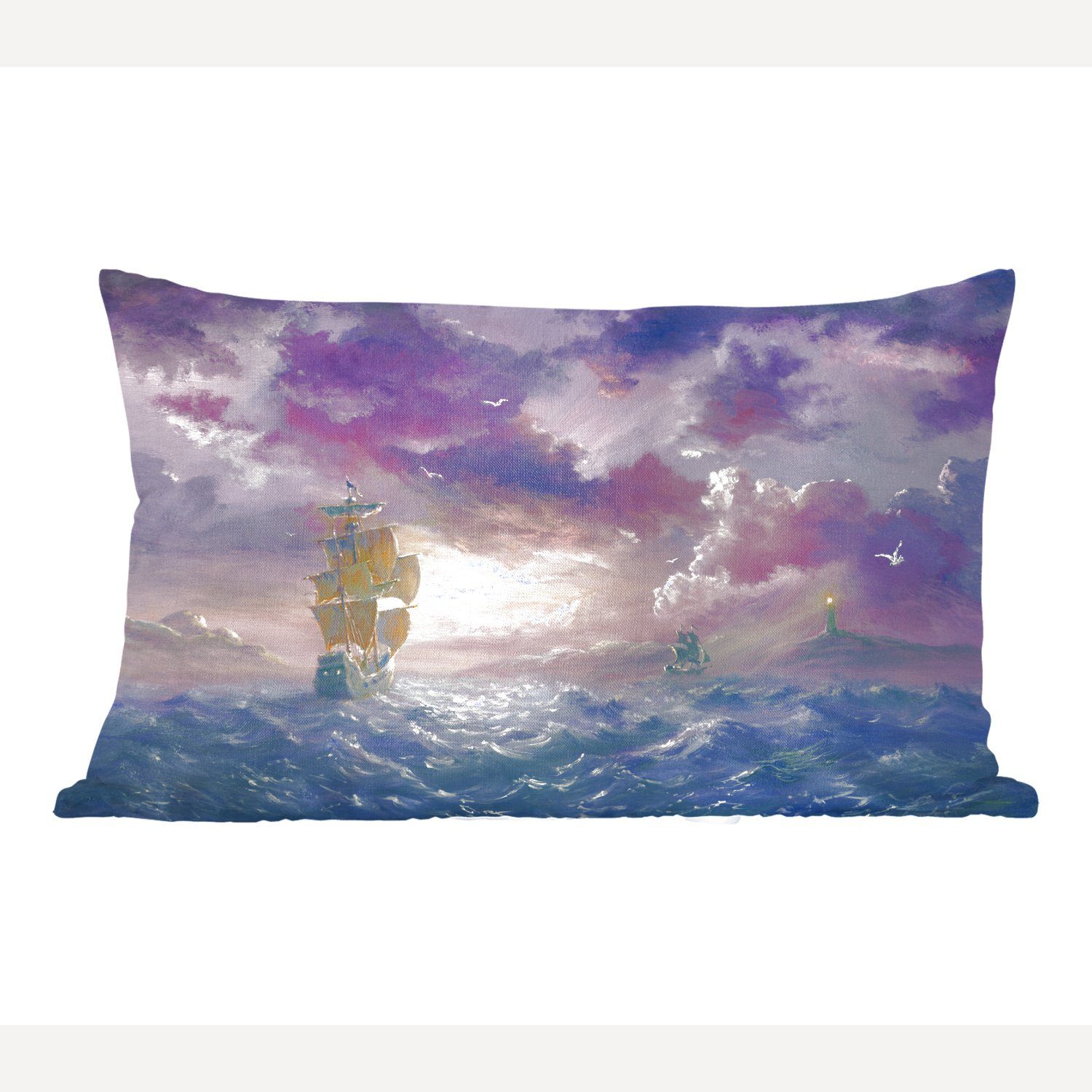 Füllung, MuchoWow violetten Dekoration, eines Segelschiffs Illustration Zierkissen, unter Dekokissen Schlafzimmer einem Dekokissen mit Himmel, Wohzimmer