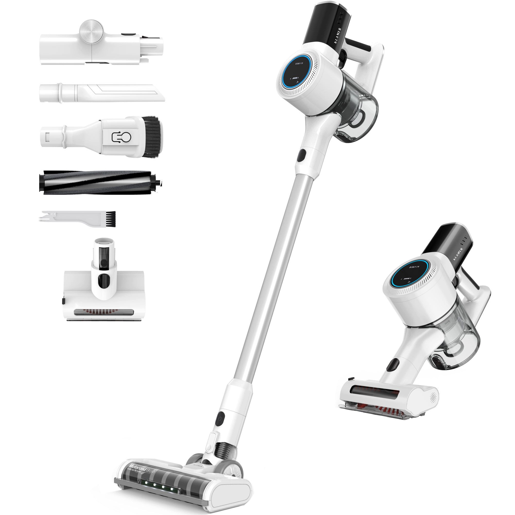 KLAMER Akku-Hand-und Stielstaubsauger 420 Watt Kabelloser, 1 Akku, Flexibler Handstaubsauger mit verschiede…, 420 W, beutellos, 25,2V Akku, LED Display & Frontlicht, Leichte Steuerung, 3 Aufsätze