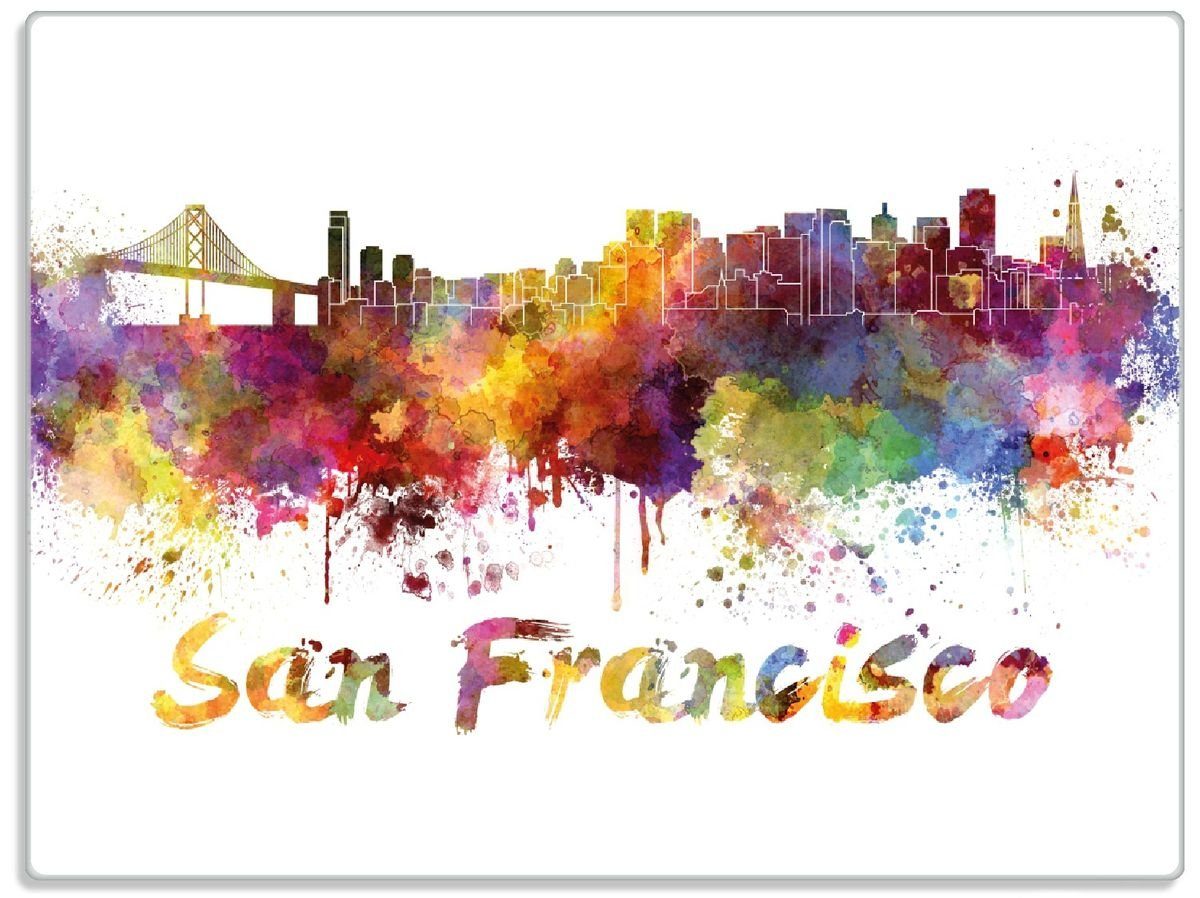 Wallario Schneidebrett Städte als Aquarell - Skyline von San Francisco, ESG-Sicherheitsglas, (inkl. rutschfester Gummifüße 4mm, 1-St), 30x40cm