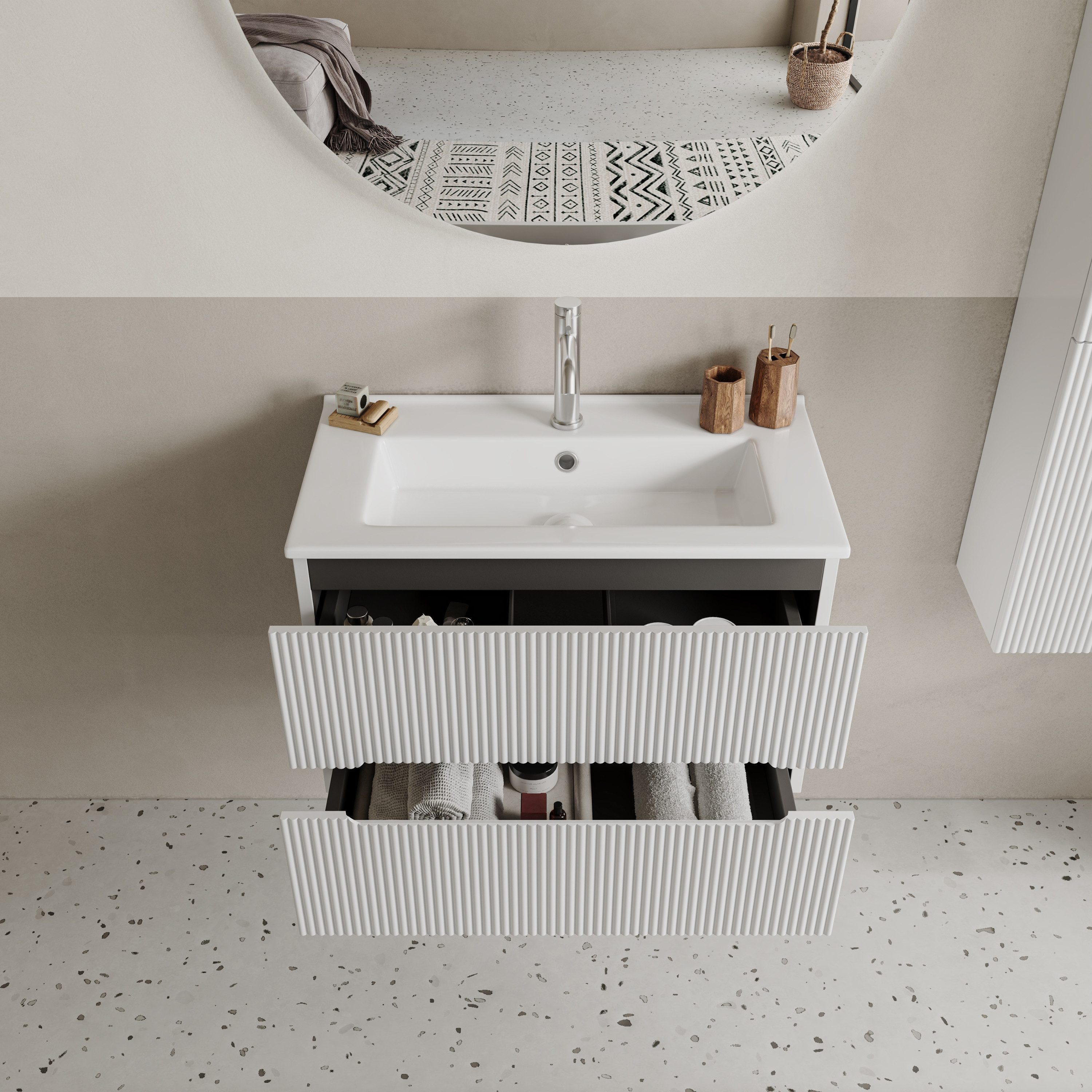 BRIDGE BENO Wandhängeschrank 61 cm Breiter Wandschrank Mit Keramikwaschbecken, 2 Schubladen, 1-tlg., geeignet Für Kleine Badezimmer/gäste-Wcs