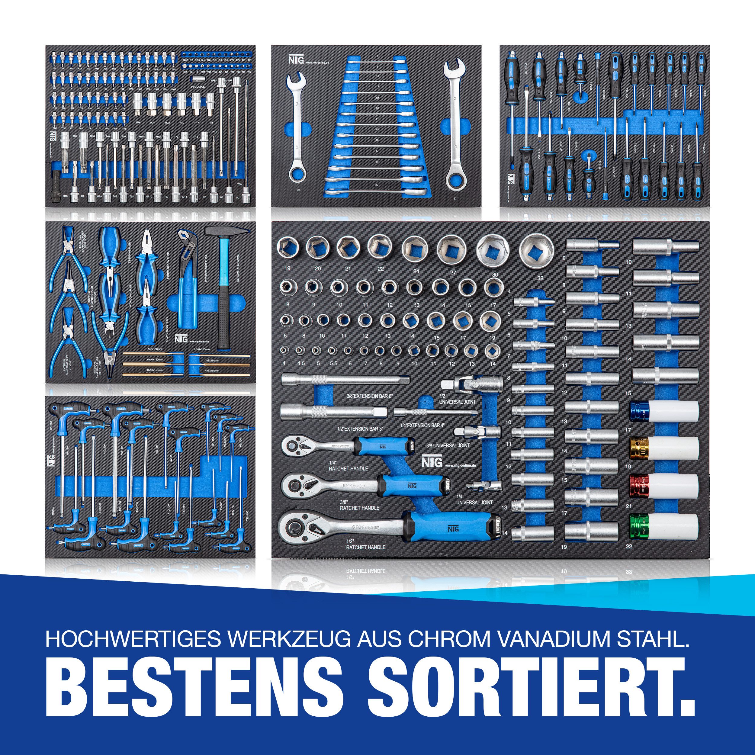 NTG Nutzfahrzeug Technik GmbH Werkstattwagen 7 Schubladen, 252 Teilig Werkzeugkiste Werkzeugkasten befüllt, 252-tlg. Werkzeugset, (252-tlg), Soft Inlays in Carbonoptik
