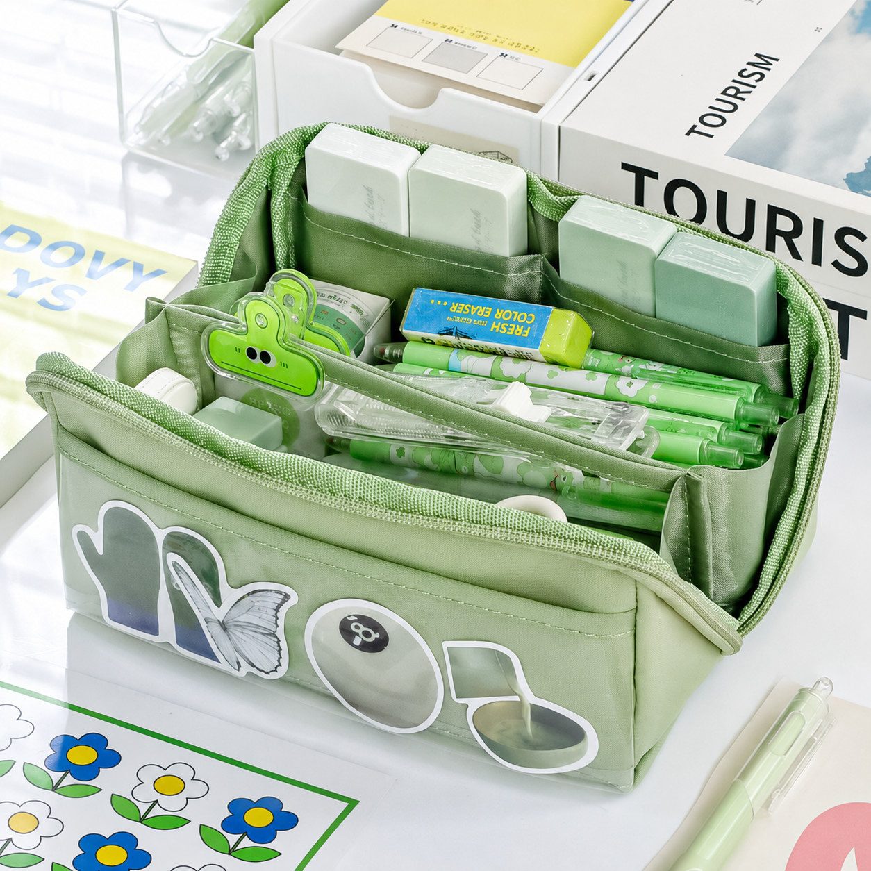 MOPUEA Federmäppchen Großes Fassungsvermögen Federmäppchen, Aufbewahrungsbox, (Großes Federmäppchen-Set mit Fächern für Stifte und Zubehör, Große Aufbewahrungstasche mit Hauptfach und praktischen Netzfächern), Bis zu 80 Stifte, Netzfächer, großes Hauptfach und Reißverschluss