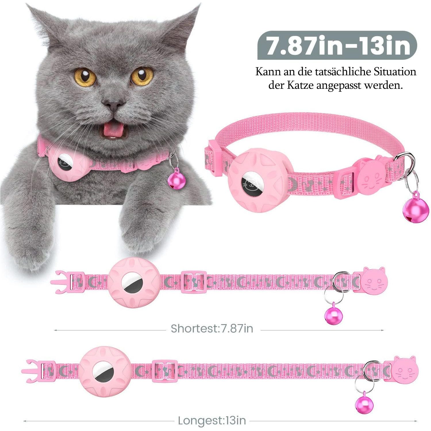 TUWENA Katzen-Halsband Airtag Katzenhalsband Reflektierendes mit Glocke, Sicherheitsschnalle, mit AirTag Halter und Glocke