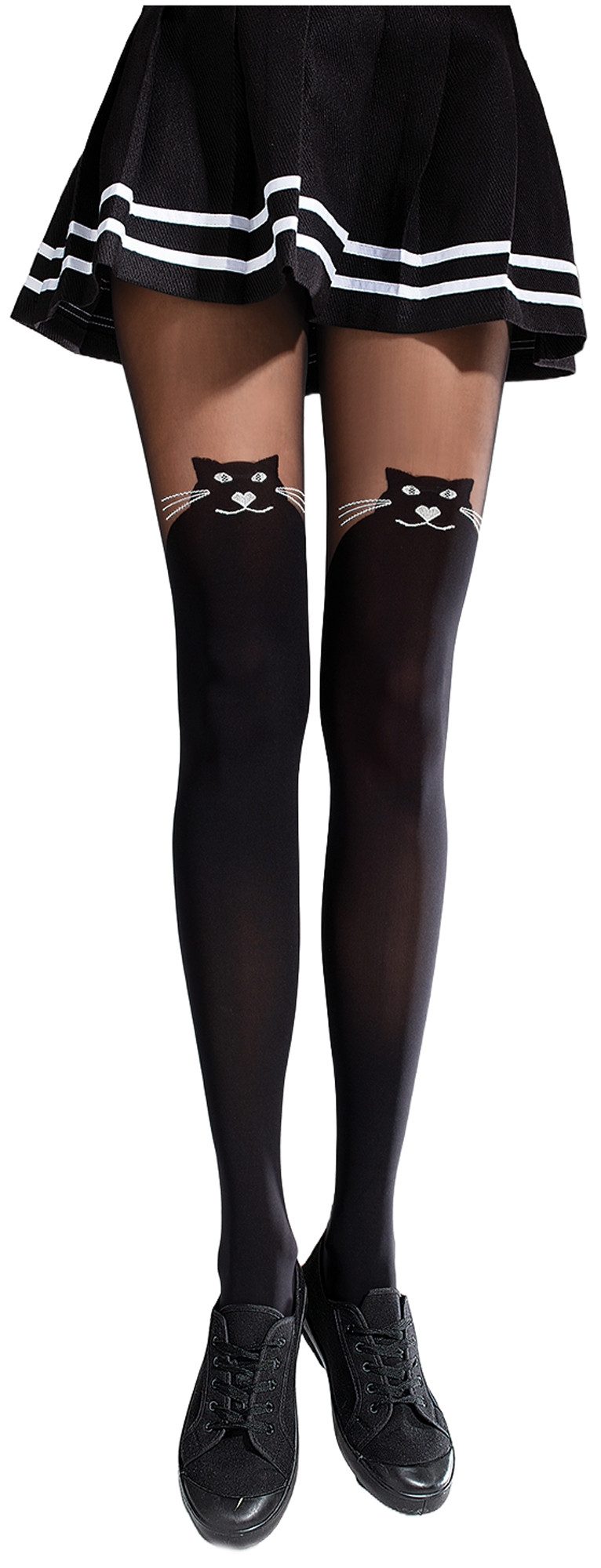 NOQ by Knittex Feinstrumpfhose Fantasy by night (Packung 1 St. 1 Paar) Feinstumpfhose Overkneelook 50DEN mit Katzen-Motiv