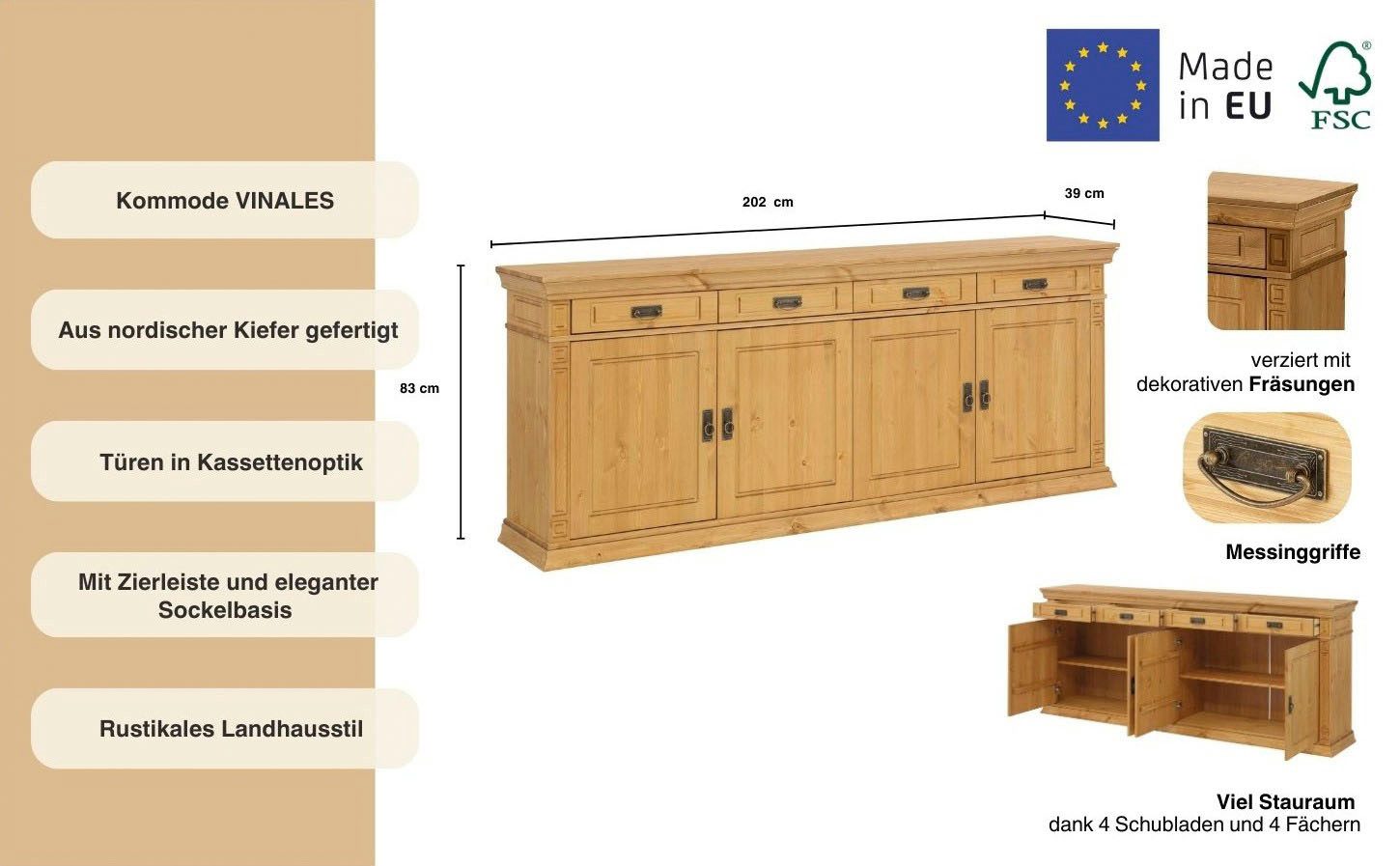 OTTO home Sideboard Vinales, Kommode im klassischen Landhausstil, Breite 202 cm