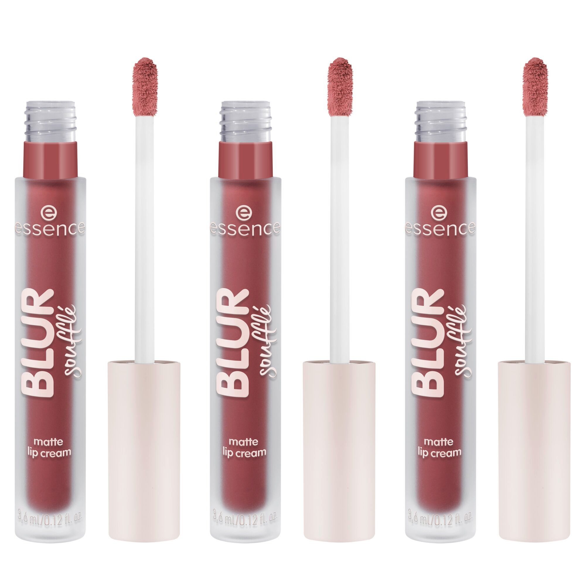 Essence Lippenstift BLUR SOUFFLÉ MATTE LIP CREAM, 3-tlg., Semi-matte Textur mit Soft-Focus für perfekte Blurred Lips
