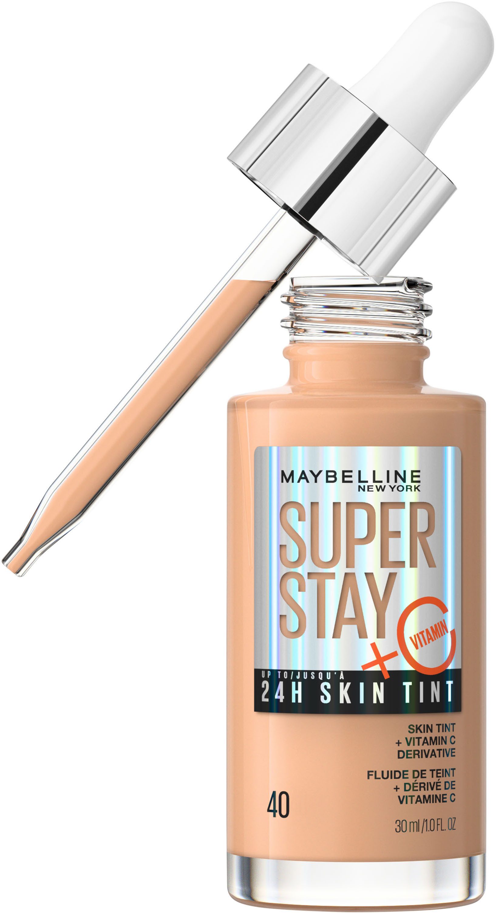 MAYBELLINE NEW YORK Foundation SUPER STAY 24H SKIN TINT MIT VITAMIN C, bietet dank hautähnlicher Pigmente eine leichte bis mittlere Deckkraft