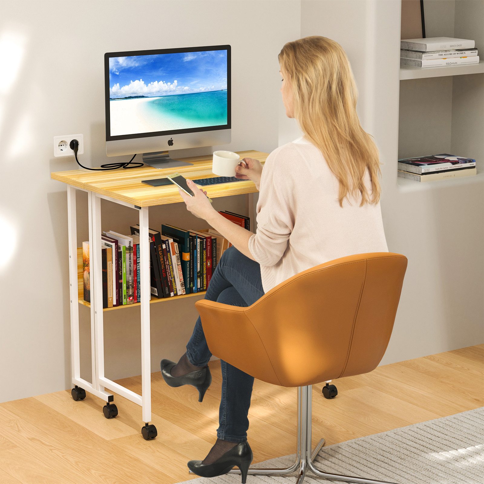 JEOBEST Schreibtisch Kleiner klappbarer Computertisch mit Regal und Rollen, (1-St. Tisch mit erhöhter Monitorablage) Faltbarer Bürotisch
