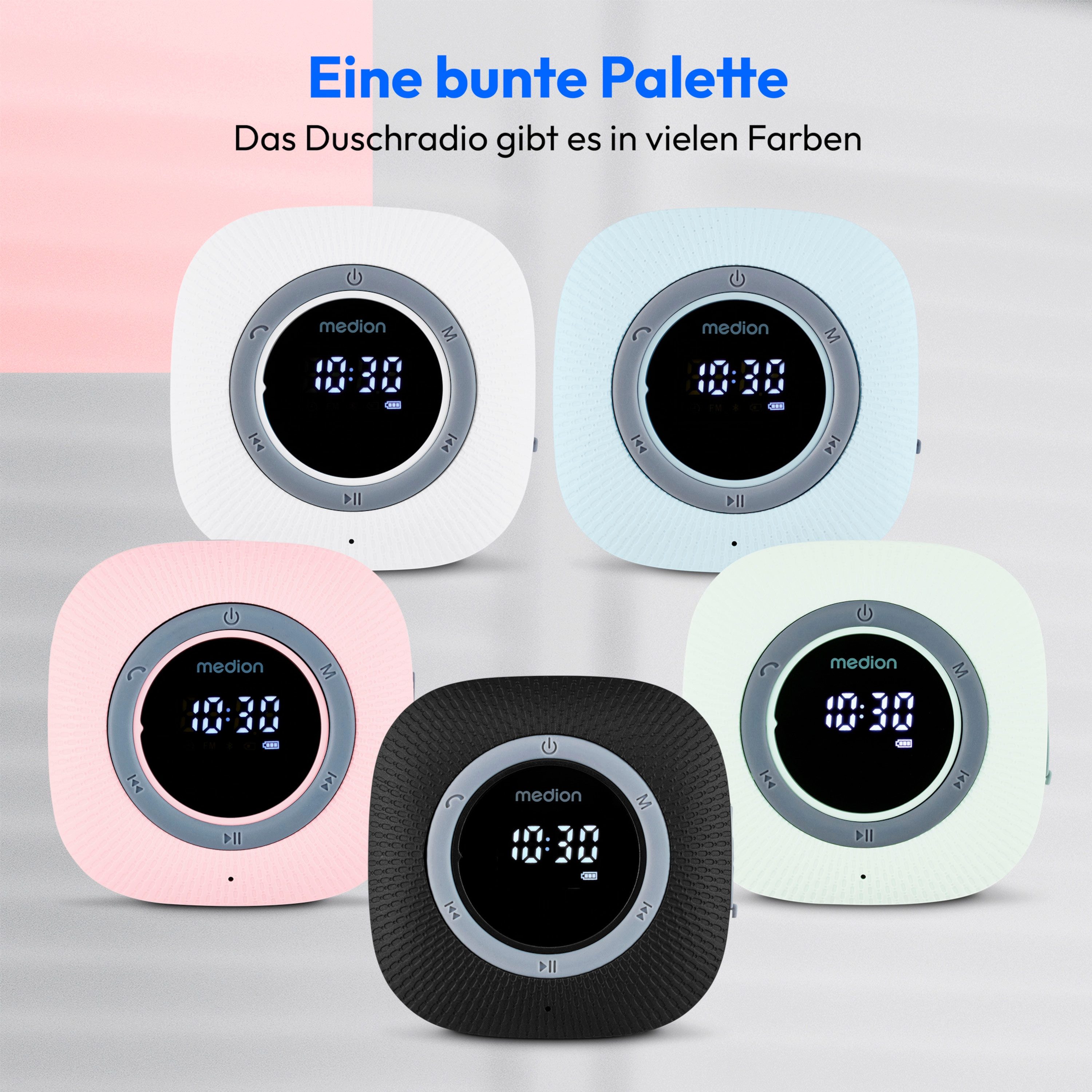 Medion® S66884 (MD 43884) Duschradio mit Bluetooth Radio (MW/UKW, 3 W, Saugnapf, LED-Display, IPX6 Wasserdicht, integrierter Akku, weiß)