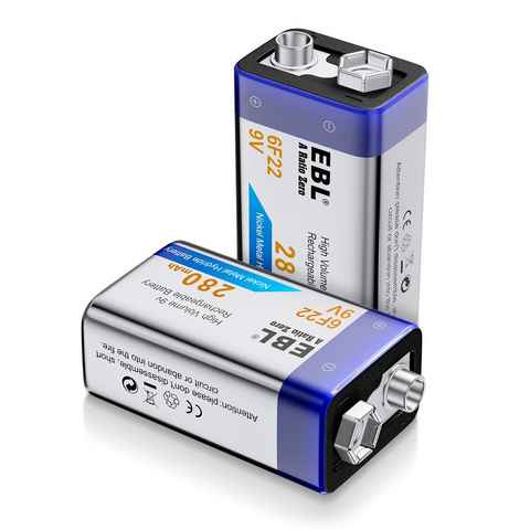 EBL vorgeladener 9V Block Ni-MH Akku 280 mAh (9 V, 2 St), wiederaufladbare Batterie