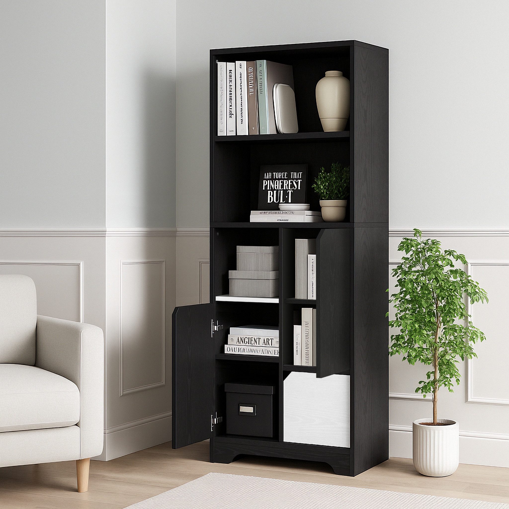 IDEASY Bücherregal Modern Multifunktionsschrank mit Schubladen&Türen s/w