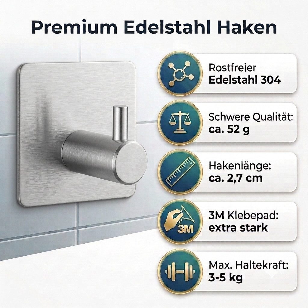 TECBULL Handtuchhaken Klebehaken aus Edelstahl, Wandhaken selbstklebend, V1, Küche, Bad, Flur, Ankleide, Waschküche, Gästezimmer, WC, Badezimmer, Schlafzimmer, etc, (5-St), rostfrei durch hochwertiges Edelstahl