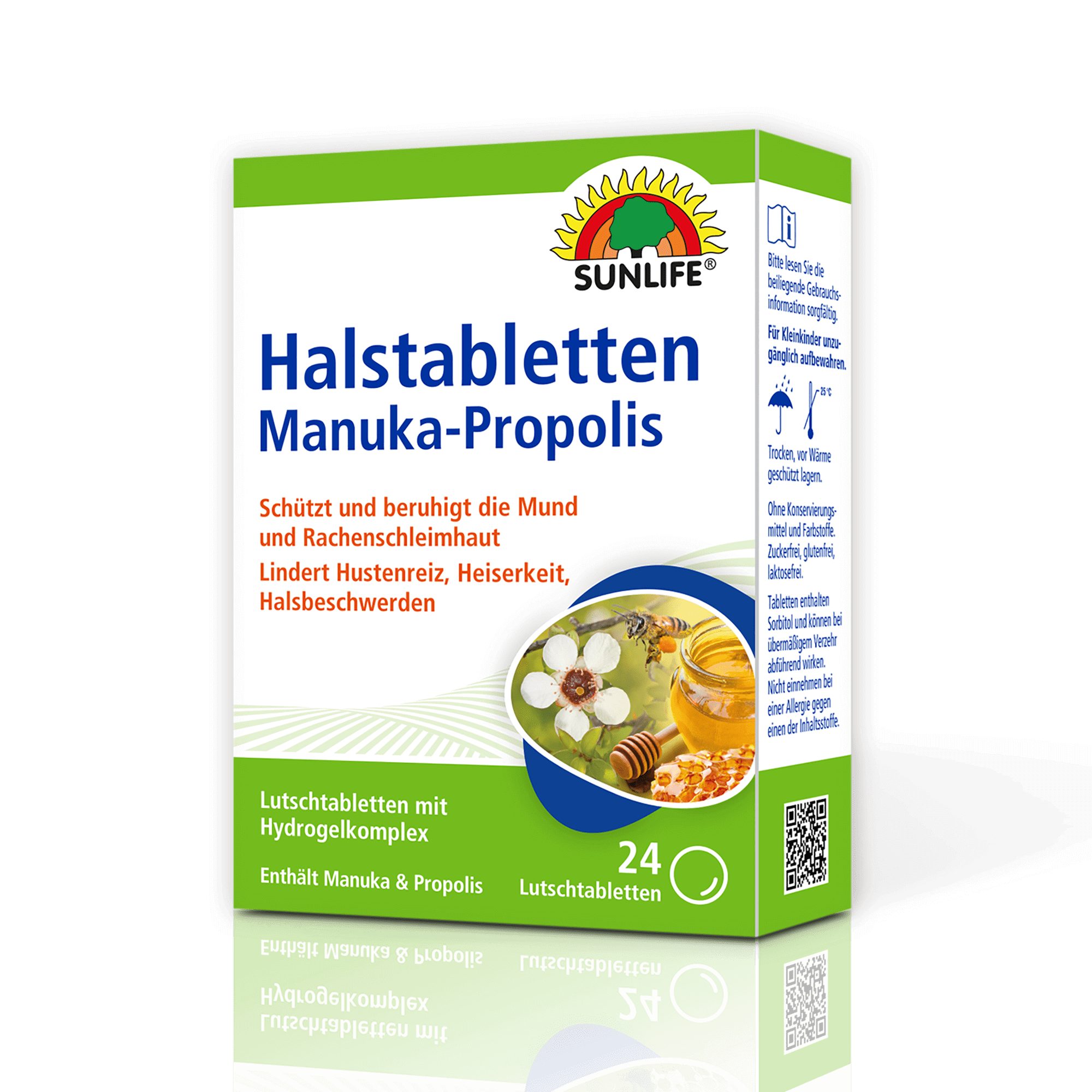 SUNLIFE SUNLIFE® Halstabletten Manuka-Propolis 24 Stk Hustenreiz Heiserkeit Nach Bedarf alle 2 - 3 Stunden eine Tablette lutschen (Bis zu 6 x täglich)