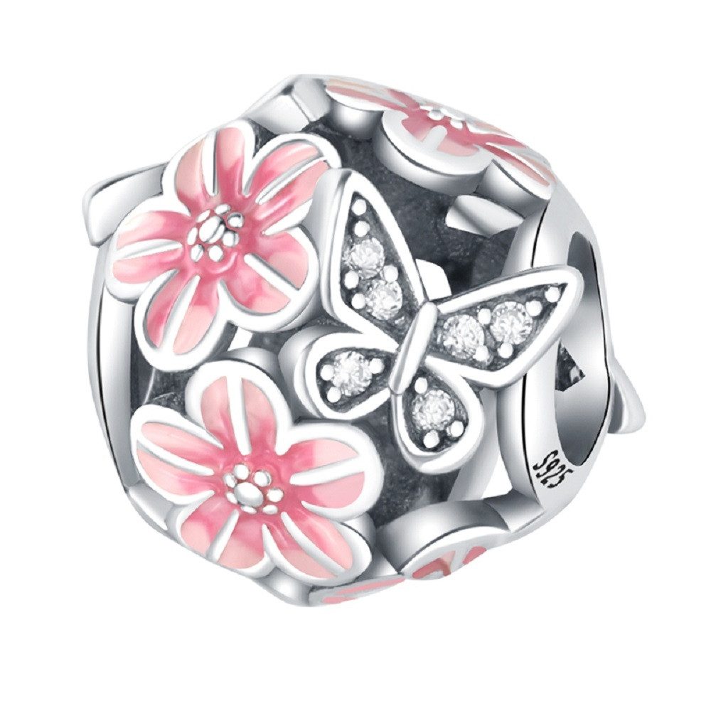PANDACHARMS Bead Rosa Blüten mit Glitzernden Schmetterlingen Charm, 925er Silber