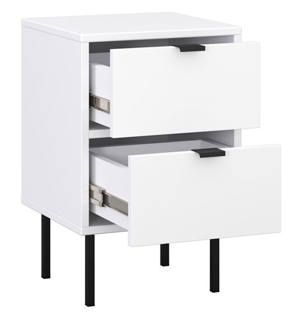 Feldmann-Wohnen Nachttisch Ido (mit Ablage, mit Schubladen, moderne Optik, schwarze Metallgriffe), 35x34x54cm / weiß