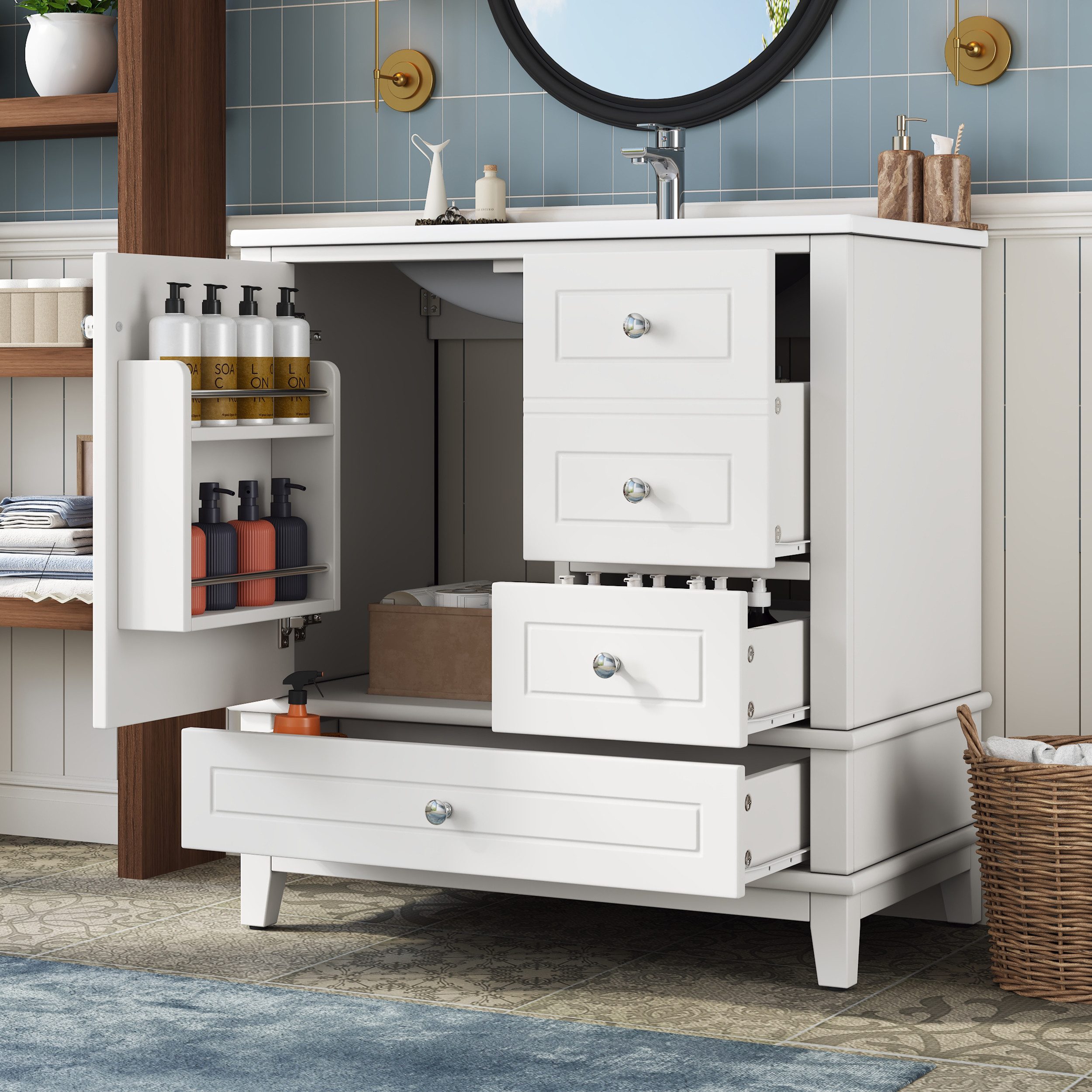 Merax Waschtisch mit Waschbecken, Freistehender Badmöbel-Set, Hochglanz Weiß (81×47×86cm, 1-St), Unterschrank Badzimmerschrank mit 4 Schubladen, Einzeltür & Stauraum
