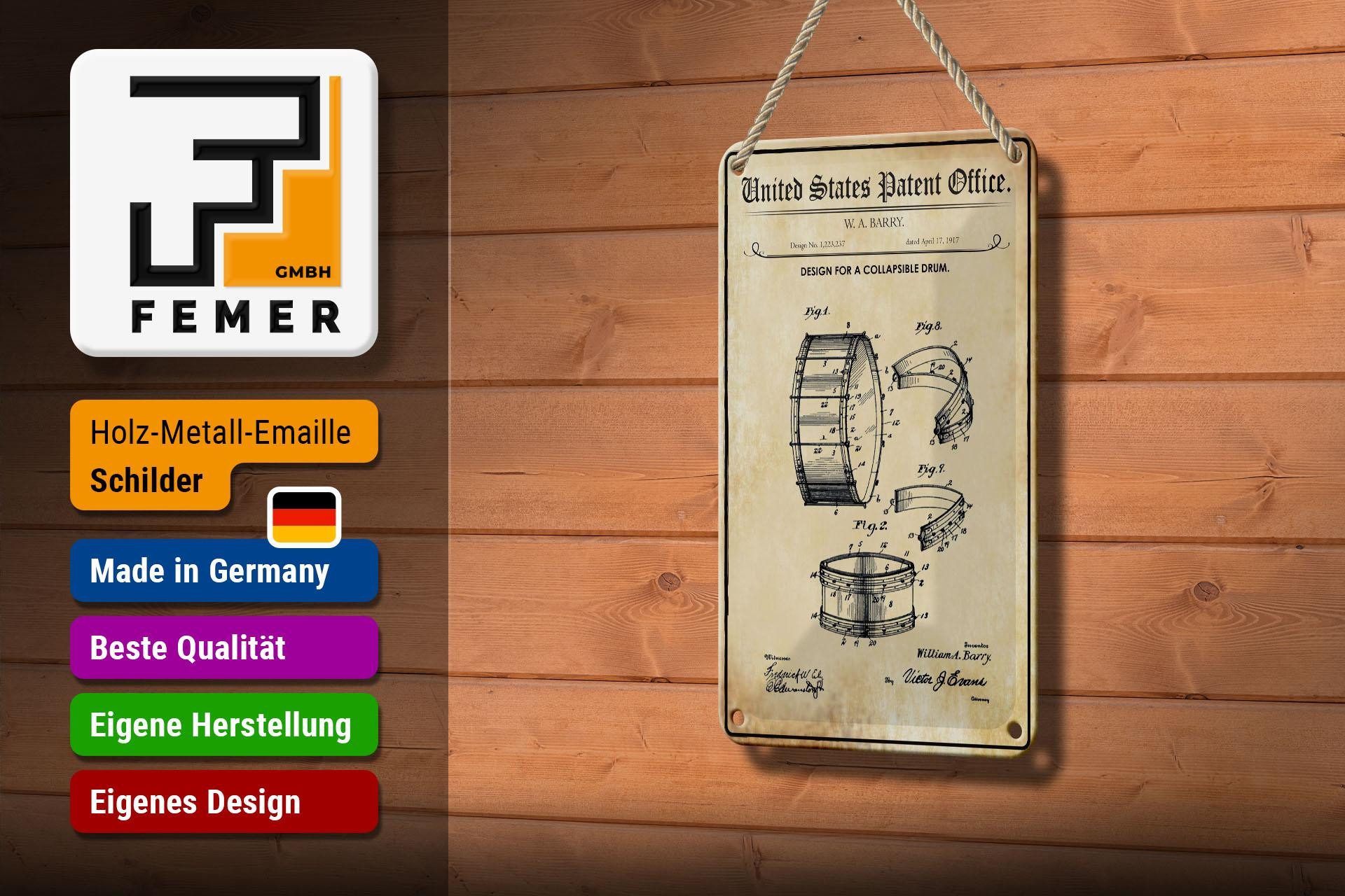 Femer GmbH Metallschild Patent 12x18 cm Entwurf für eine zusammenklappbare Trommel, (1 St), gewölbte Oberfläche, abgerundete Ecken, umgeschlagene Kanten