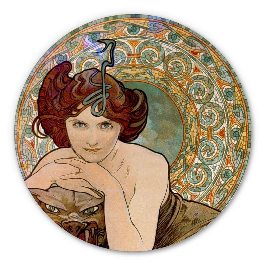 K&L Wall Art Gemälde Metallposter Art Déco Mosaik Edelstein Smaragd Vintage Mucha, Metalloptik Wandbild Ø 20cm
