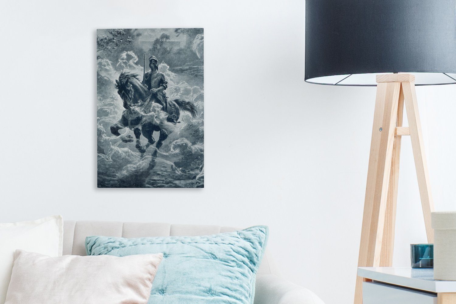 Illustration Weiß, Leinwandbild 20x30 inkl. auf St), Pferd einem OneMillionCanvasses® und Zackenaufhänger, (1 Schwarz bespannt Ritters Leinwandbild Gemälde, eines in cm fertig