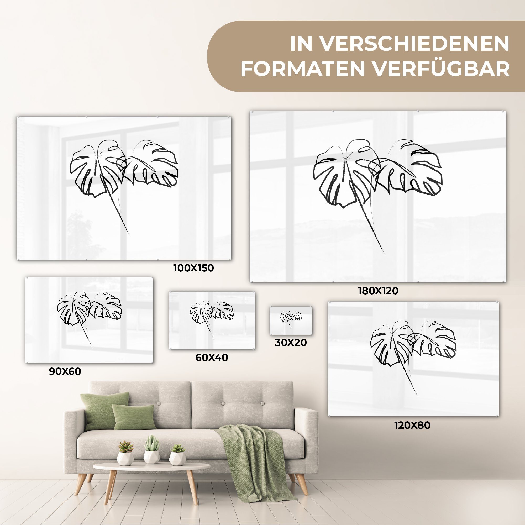 Pflanze & St), MuchoWow Acrylglasbilder (1 - Strichzeichnung, Schlafzimmer - Wohnzimmer Blätter Acrylglasbild