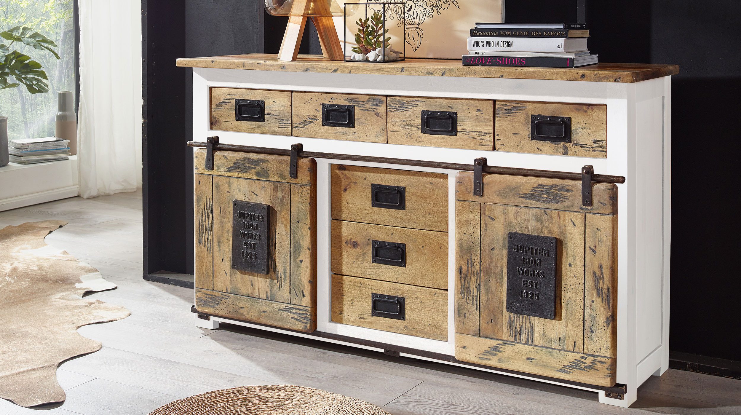 Massivart® Sideboard EMANUEL 150 cm / Massivholz Mango weiß / 2 Rolltüren, Türapplikation aus Gusseisen / Beschläge und Schienen aus Eisen