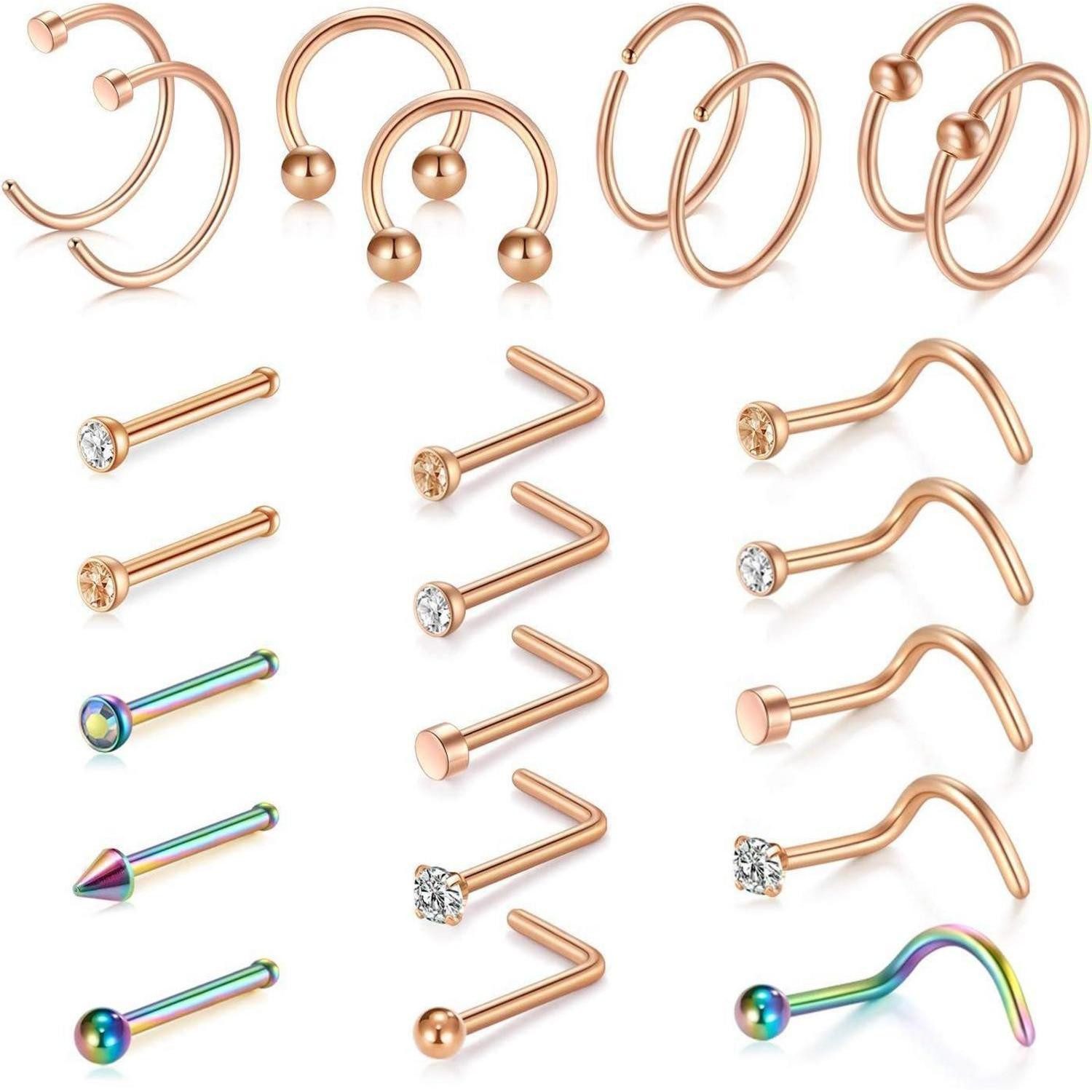 Nasenpiercing 18G Nasenring Nasenpiercing Chirurgenstahl Spirale 23-teiliges Set