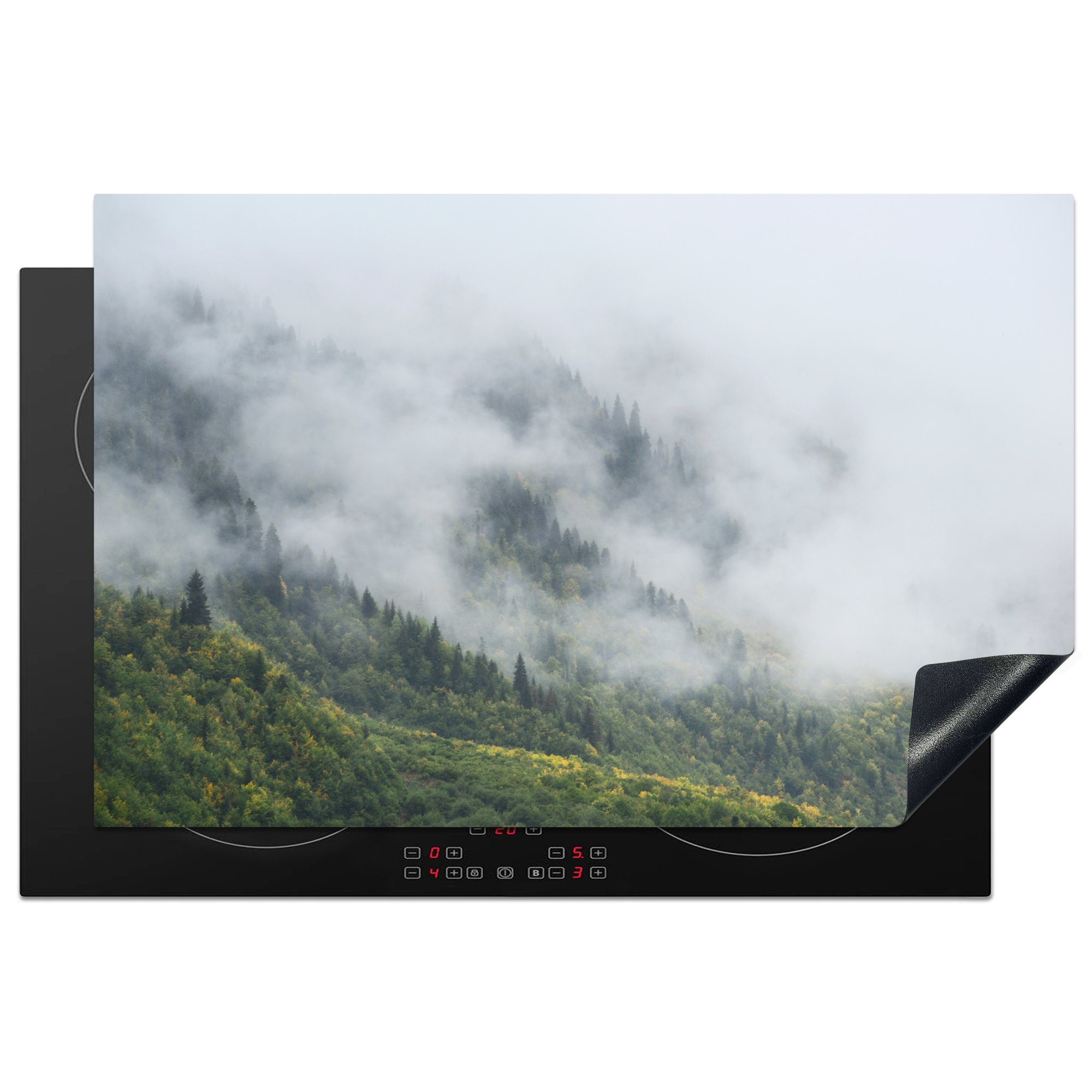 für Schutz - Nadelbäume Ceranfeldabdeckung Induktionskochfeld 81x52 cm, Wald die Nebel, Herdblende-/Abdeckplatte MuchoWow Vinyl, (1 tlg), küche, -