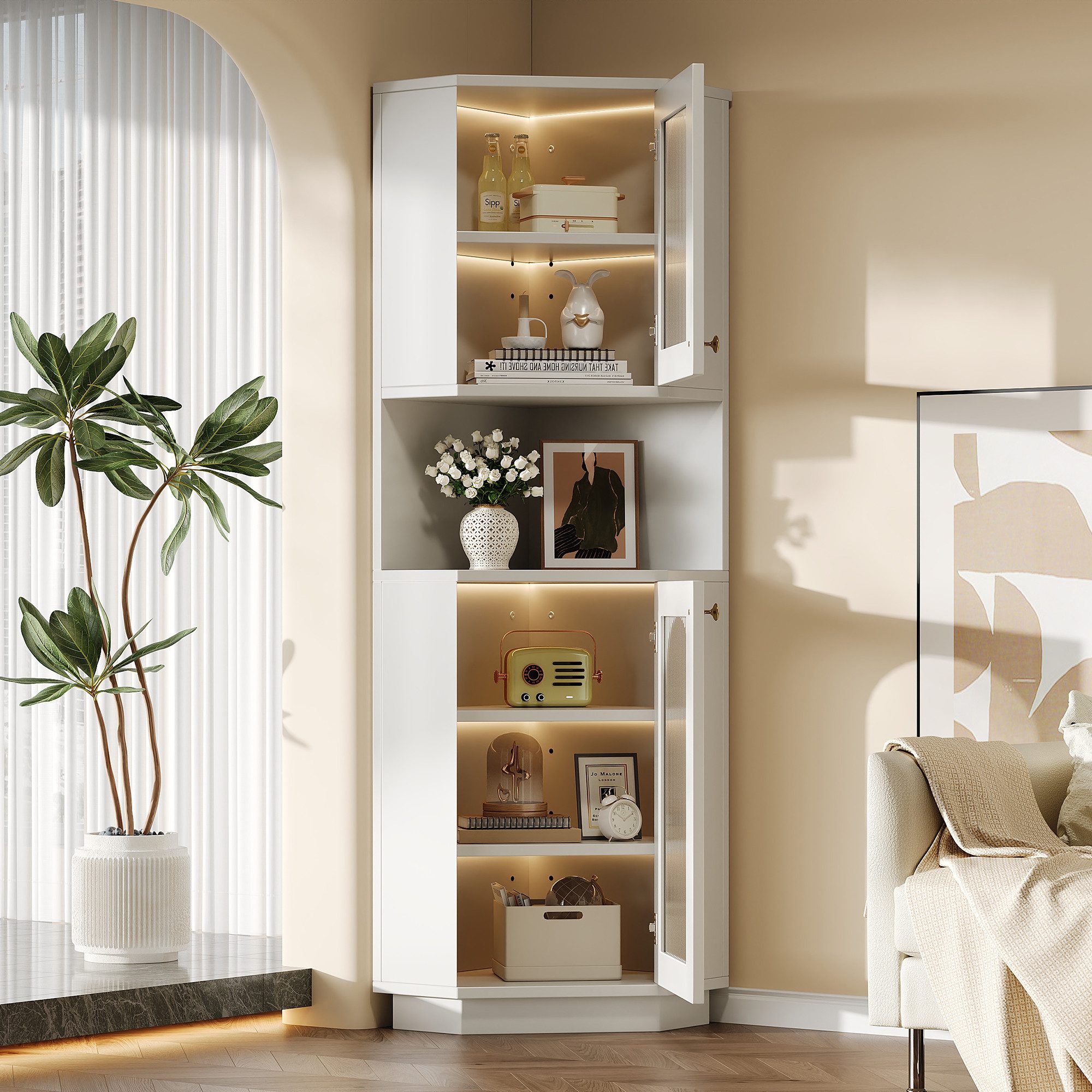 Flieks Badkommode Eckschrank mit LED-Beleuchtung Hochschrank (1 St., mit verstellbaren Einlegeböden, B45/H166,5 cm), Dreieckiger Badezimmerschrank mit 2 Glastüren und 6 Fächern