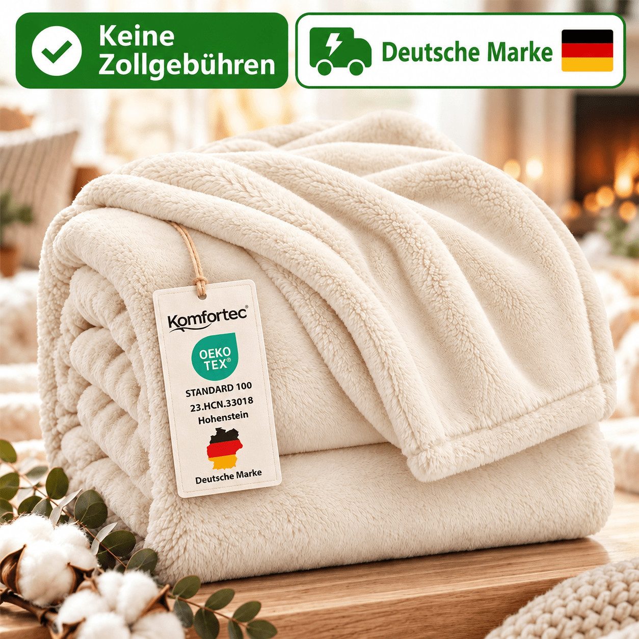 Wohndecke Flauschige Kuscheldecke, Oeko-TEX Zertifiziert, Komfortec, Super Weiche Fleecedecke, Ecru