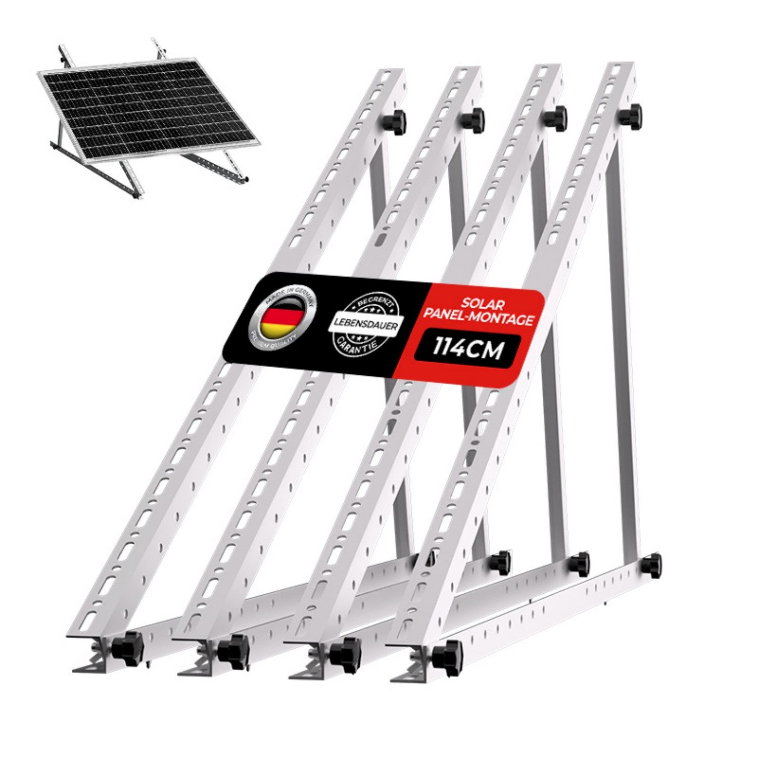 Rhein Beleuchtung Solarmodul-Halterung 4x Solarpanel Halterung & Balkonkraftwerk Halterung 114cm, (bis 45 Zoll, Set, 4-tlg., Für 100-800W Module bis 115cm - Für Dach, Wand, Balkon, Solarmodul Halterung 0-90° verstellbar, Alu, Ohne Bohren)
