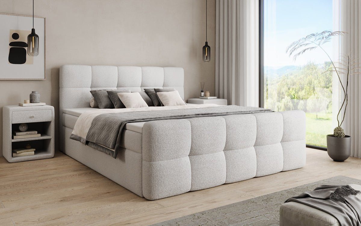 Luxusbetten24 Boxspringbett Cozy in Teddy Bouclé, mit Stauraum, inklusive Topper